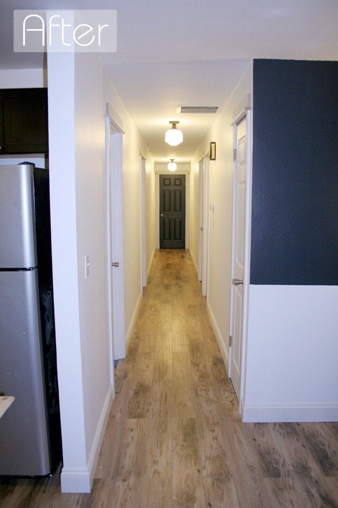 "After" is in the upper left corner of a picture of a long hallway in a house. The words, "Hallway Remodel" is on the bottom.