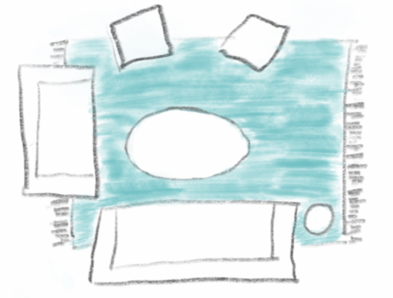 sketch showing ideal living room rug size and placement ensuring at least 2 legs of all furniture pieces sit on on the area rug
