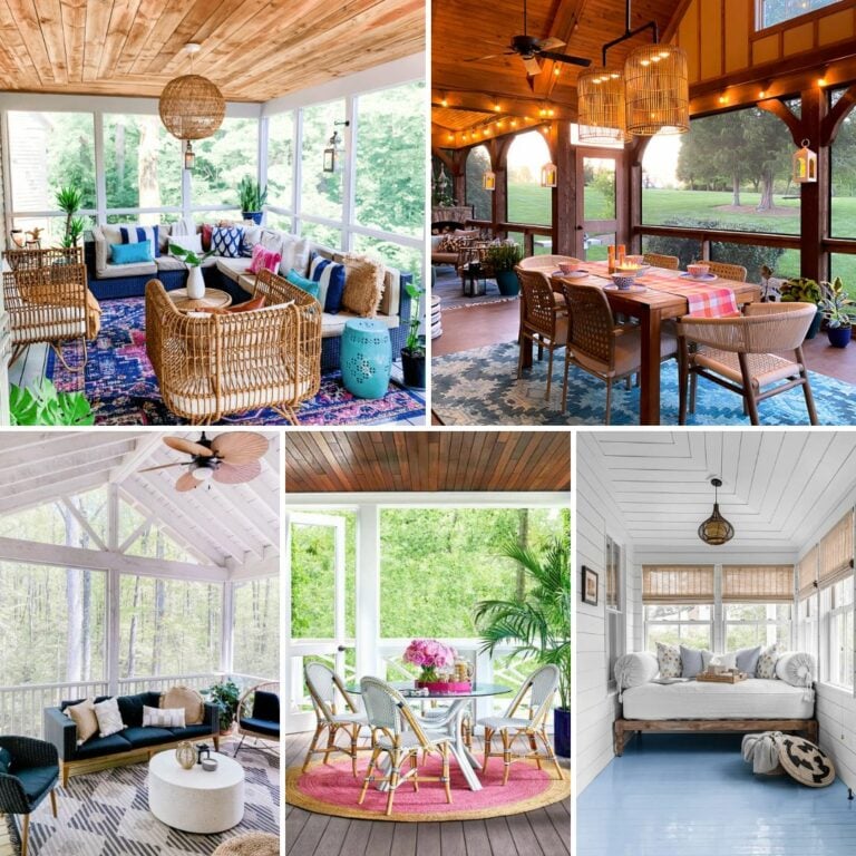 A collage of different screened in porch ideas, including a table under strung up lights, a day bed in a white narrow porch, fancy chairs around a small round table, and bright and airy resting areas.