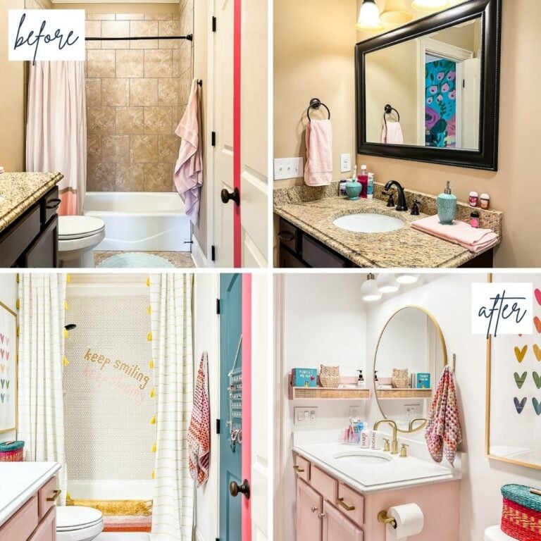 A collage of 4 images showing before and after of a teen girl's bathroom after a DIY budget-friendly makeover. The bathroom went from boring beige to white and pink and more tween friendly.